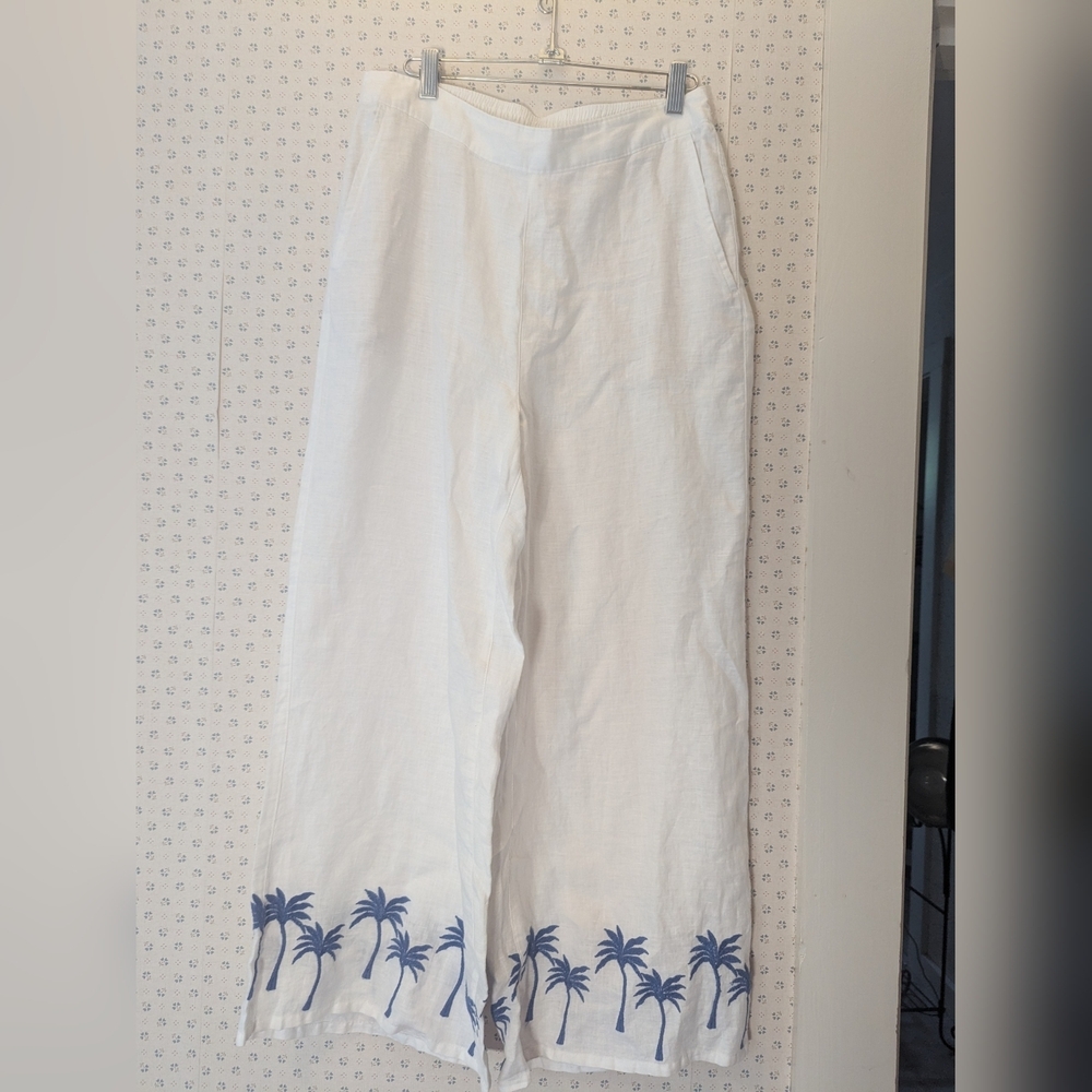 NWOT Pants Calypso St Barth L Linen  White Wide-Leg Blue Palm Tree Resort Beach